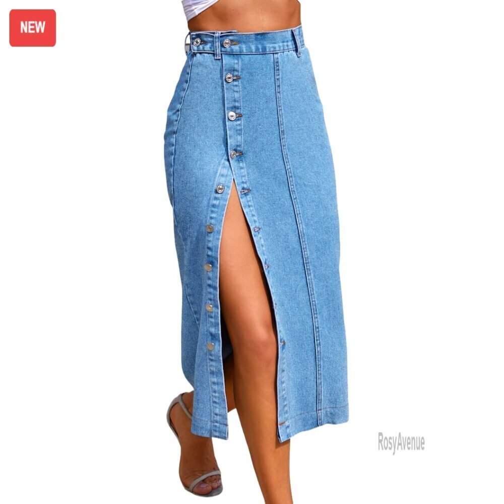 High Waisted Denim Midi Skirt, Button Front with Side Slit, Women's Casual Wear